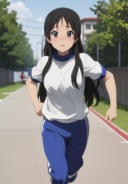 73353-264398776-_lora_MioAkiyama_0.7_, (1girl, solo, long hair, blush, black hair, grey eyes, gym uniform, blue track pants_1.2), (run, running,.png